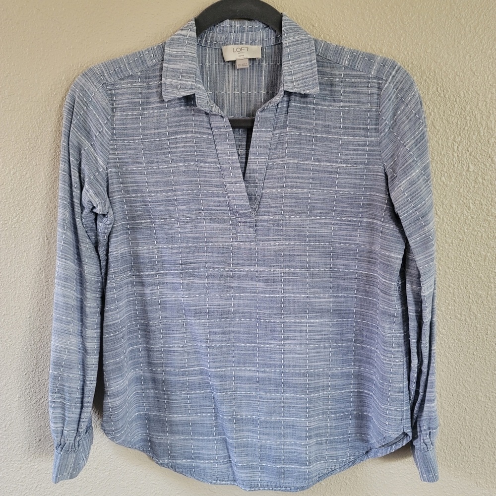 ✨️BOGO✨️ANN TAYLOR LOFT Cotton Windowpane Split Neck Shirt Top Blouse Sz XSP